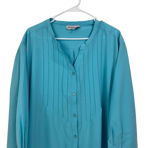 Southern Lady Women 3X Turquoise Button-Up Tunic Blouse Pintuck Front Side Slits - Picture 2 of 14
